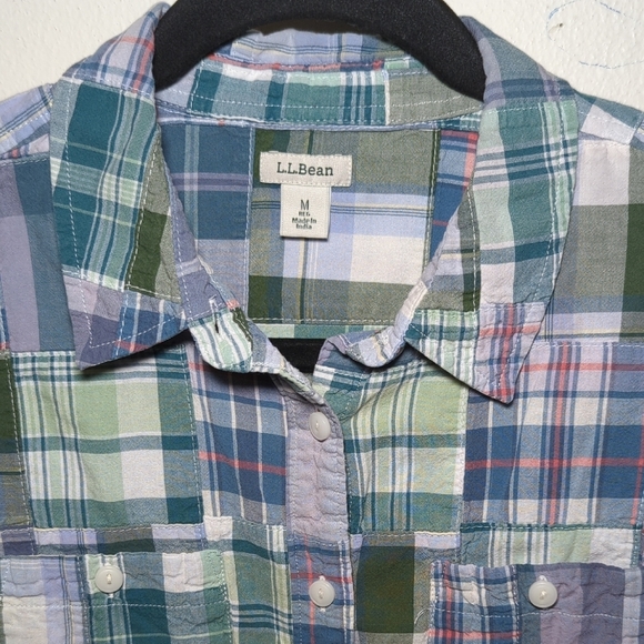 LL Bean Blue + Green Plaid Madras Patchwork Button Down Shirt Women's Size M - Picture 3 of 6